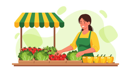 Fresh Produce Market Stall: Smiling Seller Displaying Colorful Vegetables for Sale