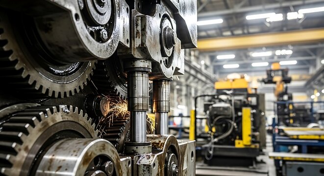 Closeup of heavy machinery with sparks with industrial gears in a factory, and machine shop.
