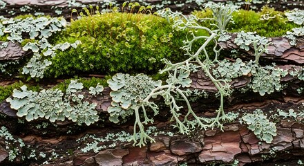 Closeup of moss and lichen on textured tree bark with showcasing natures beauty.