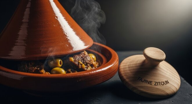 Tajine Zitoun Unveiled: Tender Meat and Olives in Clay, Framed by Hand-Turned Wood