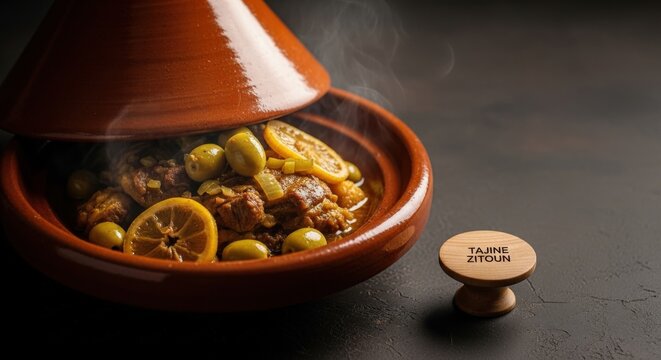 Tajine Zitoun Unveiled: Tender Meat and Olives in Clay, Framed by Hand-Turned Wood