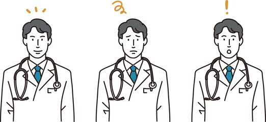 若い白衣の男性医師の表情バリエーションのイラストセット