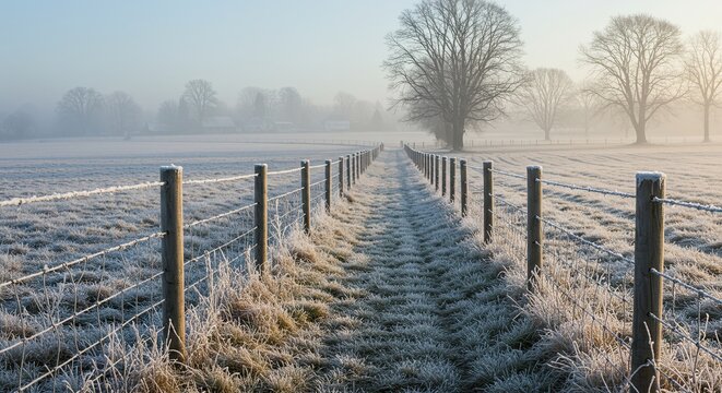 Frosty Farm Landscape with Fenceline in Morning Fog