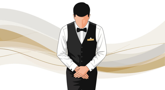 Formal Service Figure Bowing in Respectful Gesture Near Abstract Gold and White Waves