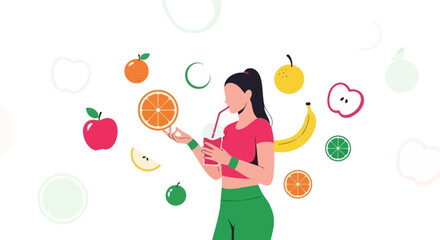 Fototapeta premium Fresh Fruits And Active Woman Preparing Healthy Drink For Fitness And Body Wellness