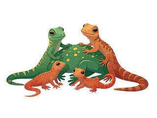 illustration showcasing a family of colorful lizards gathered together in a friendly pose.