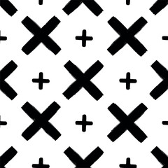 Obraz premium Black and white pattern of crosses and plus signs repeating across the image.