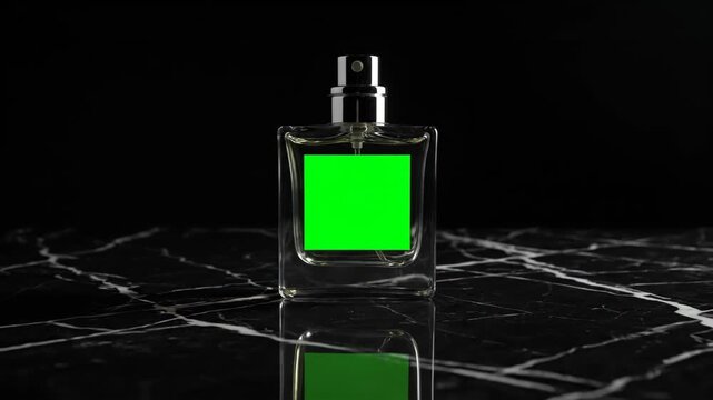 Elegant Perfume Bottle with Green Screen Display on Marble Surface with Reflections