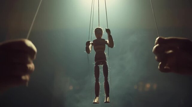 Marionette puppet strings control manipulation silhouette spotlight smoke hand theater dramatic mood power concept art tense mood