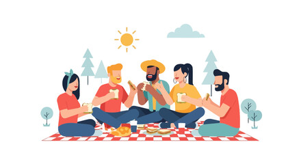 Friends Sharing Sandwiches, Relaxing And Enjoying Outdoor Time Together Picnic Illustration