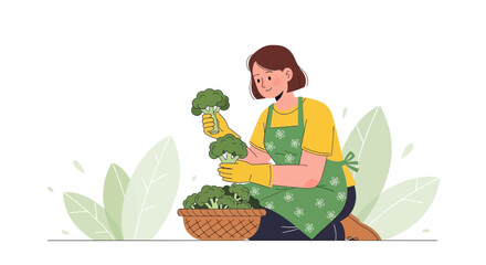 Gardener Arranging Freshly Harvested Broccoli in a Woven Basket, Healthy Eating