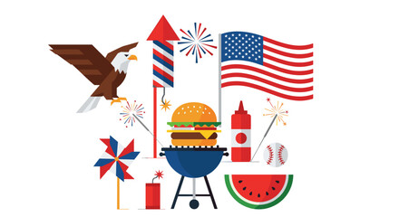 Illustration showcasing american independence day elements including eagle, flag, and barbecue items
