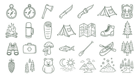 Illustration of camping and outdoor adventure themed icons including compass, tent, bear, and mountains