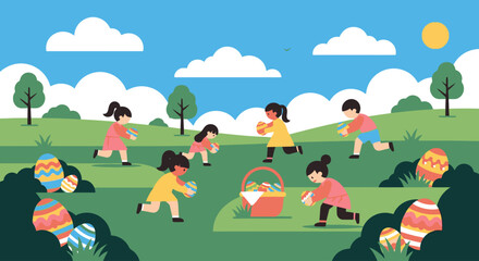 Naklejka premium Cheerful Easter Egg Hunt Illustration Depicting Children Joyfully Collecting Eggs in a Vibrant Outdoor Setting, Ideal for Holiday Greetings and Festive Promotions