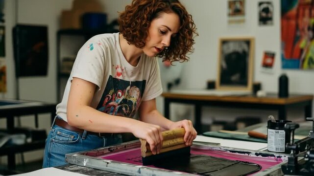Young Woman Screen Printing Artwork In Workshop Setting With Pink Ink