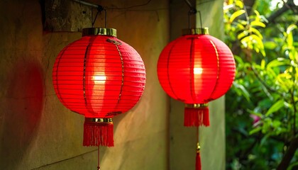 Obraz premium Two bright red paper lanterns hang on a wall