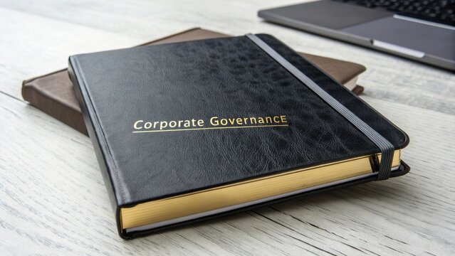 Elegant black notebook on wooden desk with gold lettering corporate governance, laptop in background, office workspace setup