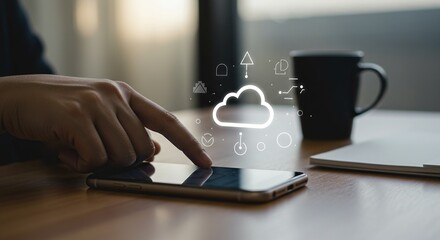 Digital cloud network interface hovering above tablet, representing secure online storage and file synchronization