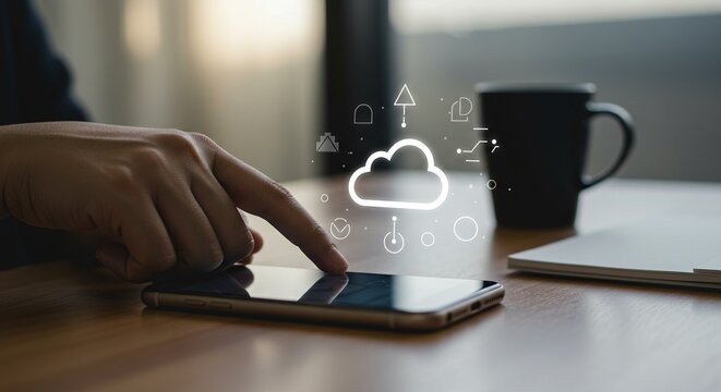 Digital cloud network interface hovering above tablet, representing secure online storage and file synchronization