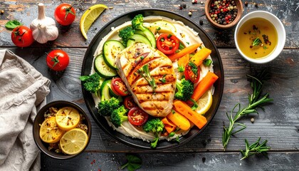 Top Down View of a Fresh Salad with Tomatoes Cucumbers and Grilled Chicken with Dark Background and Wooden Texture for Adobe Stock Photos