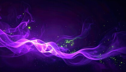 Dark abstract Halloween background with purple fog and glowing green particles
