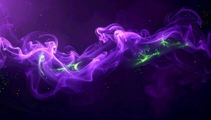 Dark abstract Halloween background with purple fog and glowing green particles