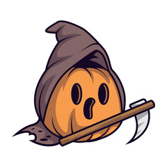 Orange Halloween Pumpkin Grim Reaper in Brown Hood Isolated on White Background