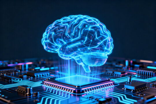 Blue glowing brain on circuit board