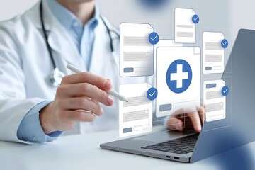 Online medical checklist and documentation system in use by doctor, concept of smart healthcare. physician assessment expert checks patient care quality, hospital assessment of treatment