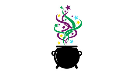Magical Cauldron: A whimsical cauldron, bubbling with radiant stars and vibrant, swirling ribbons, exudes an aura of enchantment and mystique.