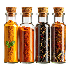 Four glass spice jars filled with different colorful seasonings, capped with corks
