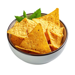 Bowl of golden, triangular tortilla chips with green leaves on a black background