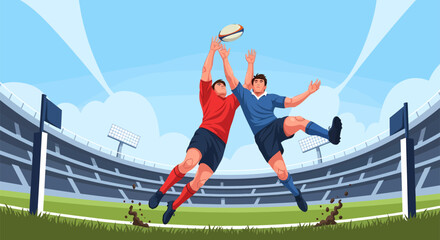 Rugby Players Jumping for the Ball in a Stadium During a Game.