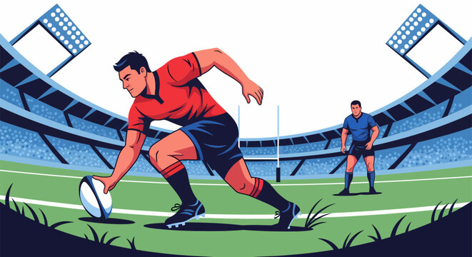 Rugby Player About to Score a Try in a Stadium Vector Illustration.