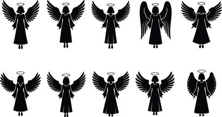 Angel silhouette vector, halo and wings, black illustration, spiritual theme, religious art, flying pose, robe design, symbolic figures