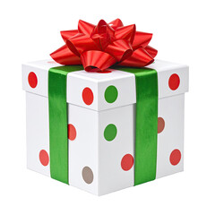 Square gift box with colorful polka dots, wrapped in green ribbon, topped by a red bow