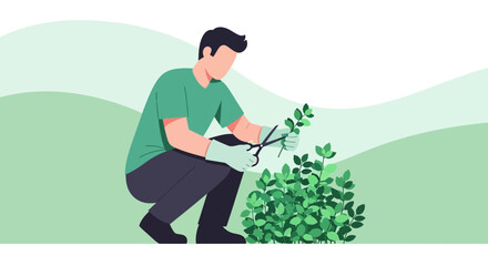 Gardener Pruning with Focus, a Person Trimming a Plant, Illustration in Green Tones
