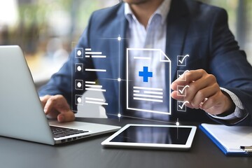Doctor using online medical record system to check and update patient data. Smart healthcare concept for assessing treatment quality, patient care and hospital service evaluation.