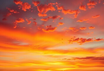 Fototapeta premium Blazing orange and red hues paint the sky at dawn/dusk, clouds ablaze with fiery light, dawn, heat