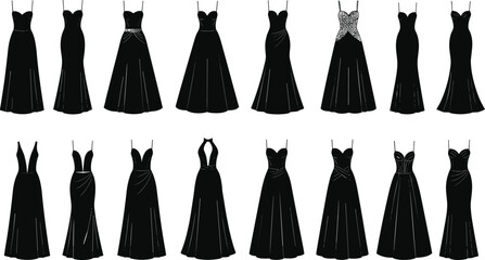 Elegant black evening gowns, formal fashion collection, stylish dresses, luxury wear, modern silhouettes, chic outfits, glamour, couture, party attire, runway style