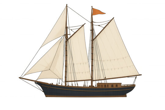 Vintage schooner sailing ship illustration displaying a historical two-masted vessel with sails, transparent background