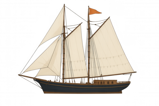 Vintage schooner sailing ship illustration displaying a historical two-masted vessel with sails, transparent background