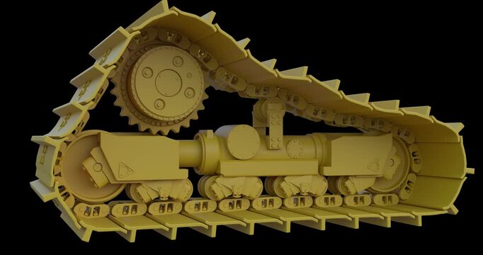 Dozer track rolling animation. The model showcases the sprocket, idler, rollers, track frame and track links. Suitable for industrial education, construction and manufacturing concepts