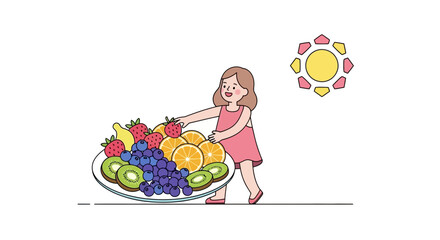 Fototapeta premium Girl Presenting A Plate Of Fresh Fruits Under The Sunshine Ready For Enjoyment