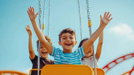 Group of happy energetic teenagers with arms raised high laughing and enjoying the thrill of a swing ride at an outdoor carnival or amusement park on a sunny summer day