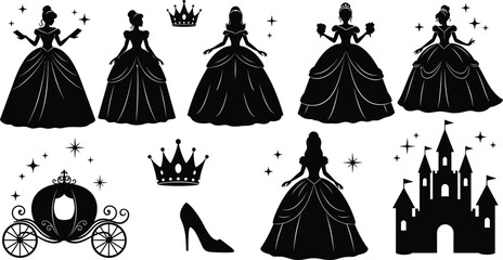 Princess silhouette collection, fairy tale icons, royal theme, magical elements, castle, crown, carriage, fantasy dress, sparkle, elegant poses, charm © Mim's World