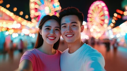 Naklejka premium Captivating Couple s Romantic Selfie with Glowing Ferris Wheel Backdrop at Lively Amusement Park Young Asian couple share a loving