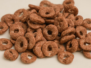 chocolate ring cereals on white background