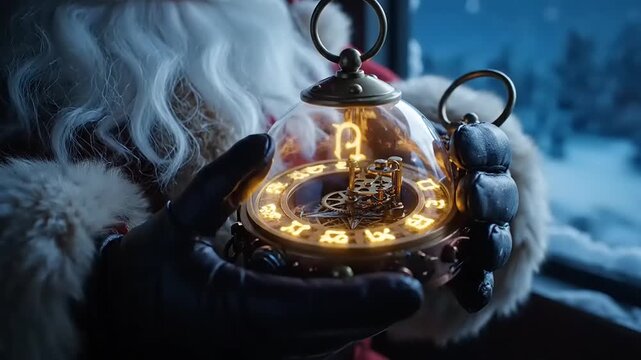 Santa claus holding magical christmas clock displaying time passing in snowy winter wonderland, creating anticipation and wonder for the holiday season.