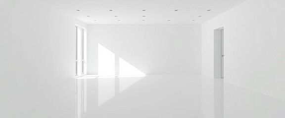 Obraz premium Stark white room, minimalist interior, clean lines, bright light, photography background, spacious